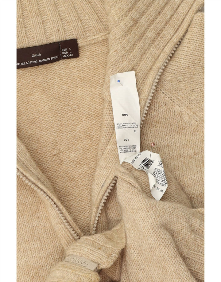 Zara Mens Cardigan Sweater Large Beige Wool