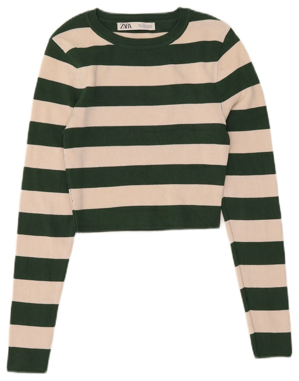 Zara Womens Crop Top Long Sleeve UK 8 Small Green Striped Viscose