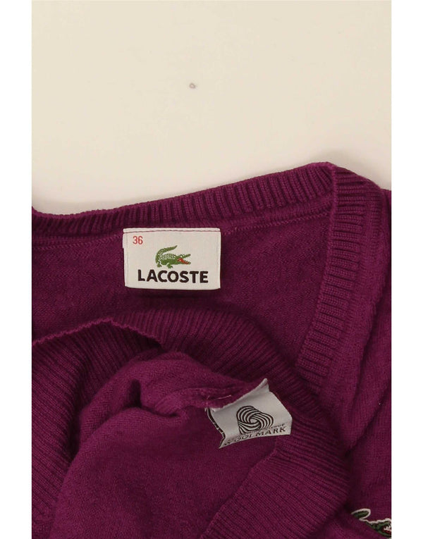 Lacoste Womens V-Neck Jumper Sweater Size 36 Small Purple Wool