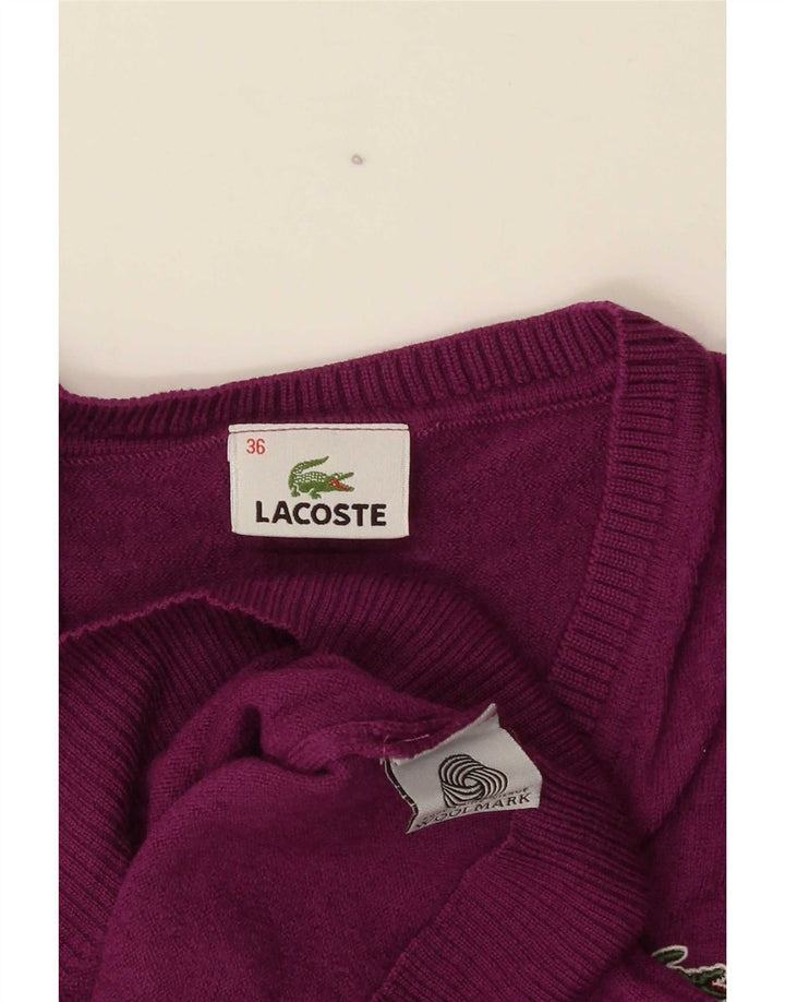 Lacoste Womens V-Neck Jumper Sweater Size 36 Small Purple Wool