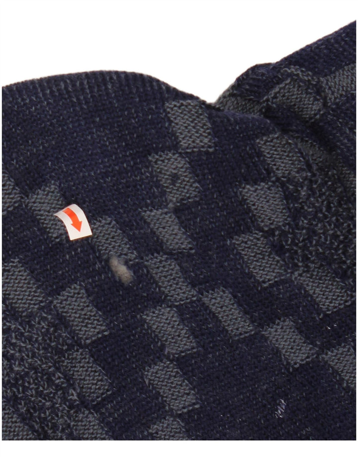 VINTAGE Mens Cardigan Sweater Large Navy Blue Geometric Viscose