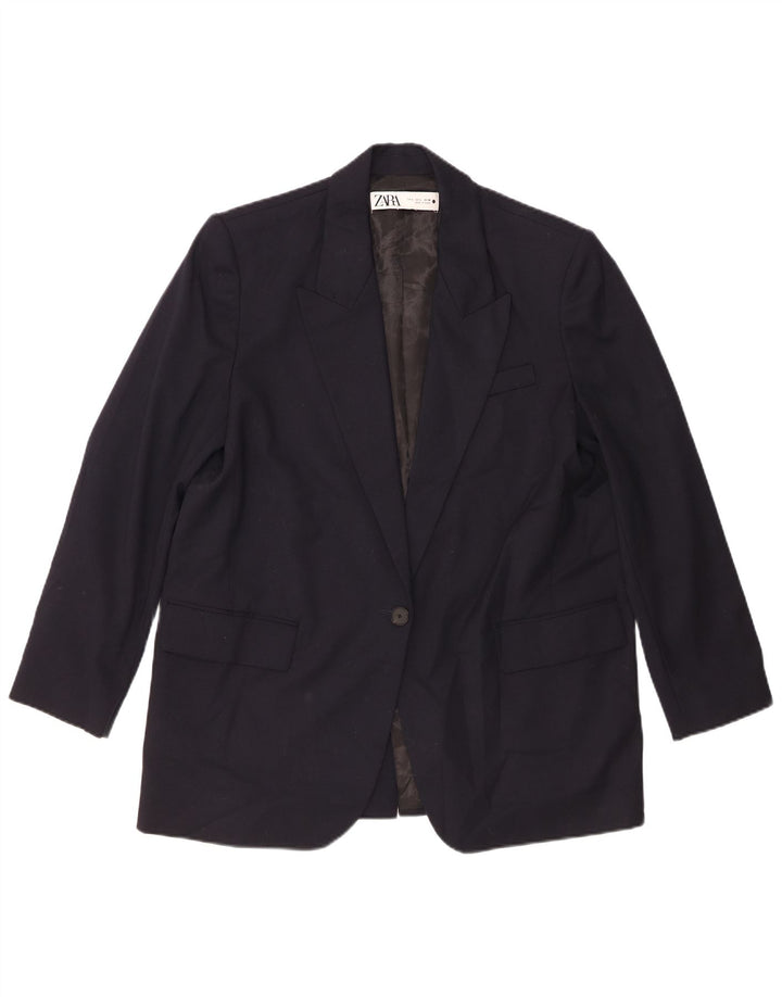 Zara Womens 1 Button Blazer Jacket UK 16 Large Navy Blue Polyester