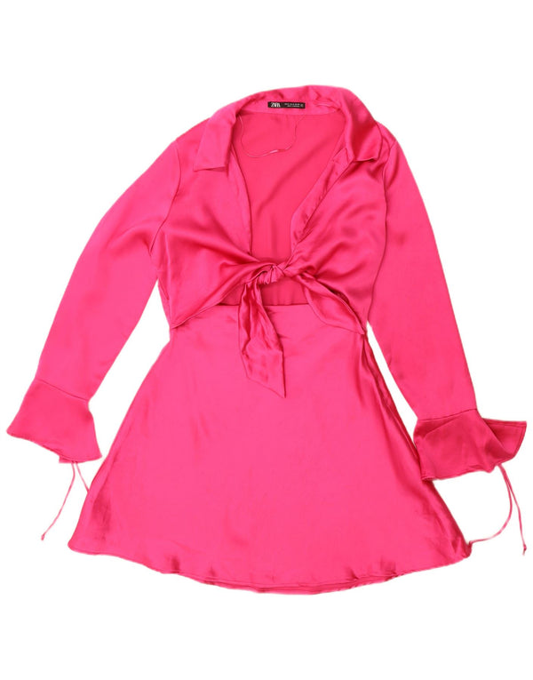 Zara Womens Long Sleeve A-Line Dress UK 14 Medium Pink Polyester
