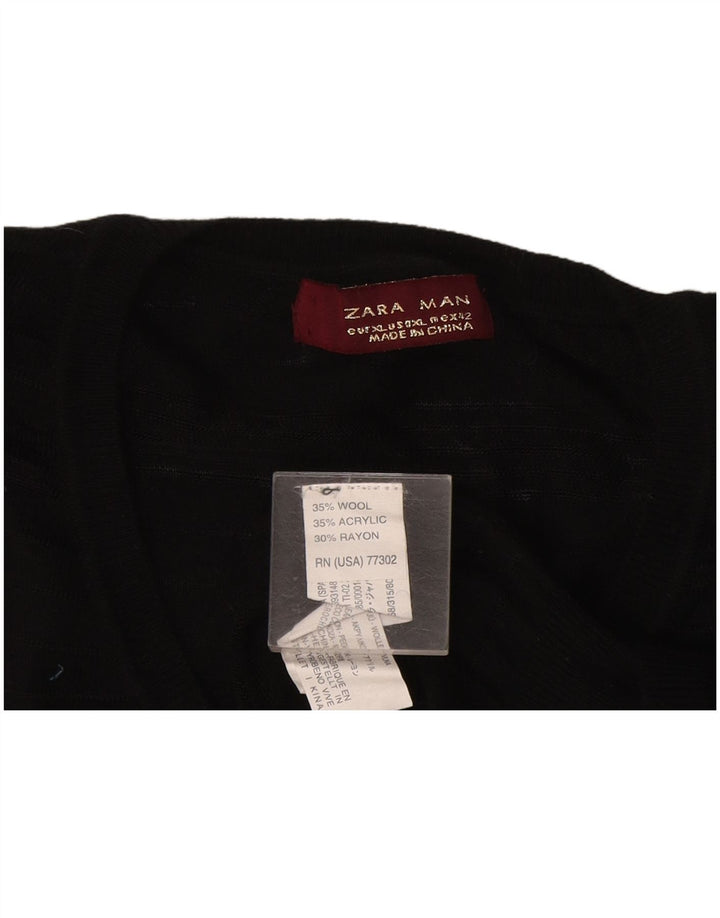 Zara Mens See Through V-Neck Jumper Sweater XL Black Wool