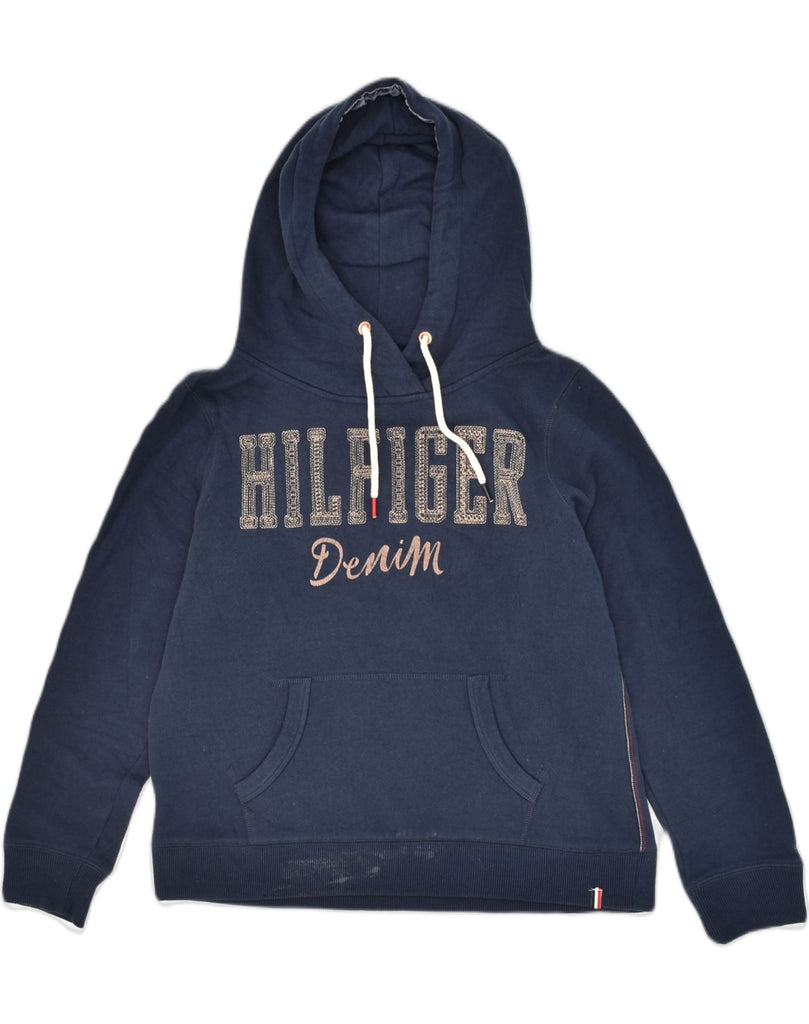 TOMMY HILFIGER Womens Graphic Hoodie Jumper UK 14 Medium Navy Blue Cotton | Vintage Tommy Hilfiger | Thrift | Second-Hand Tommy Hilfiger | Used Clothing | Messina Hembry 