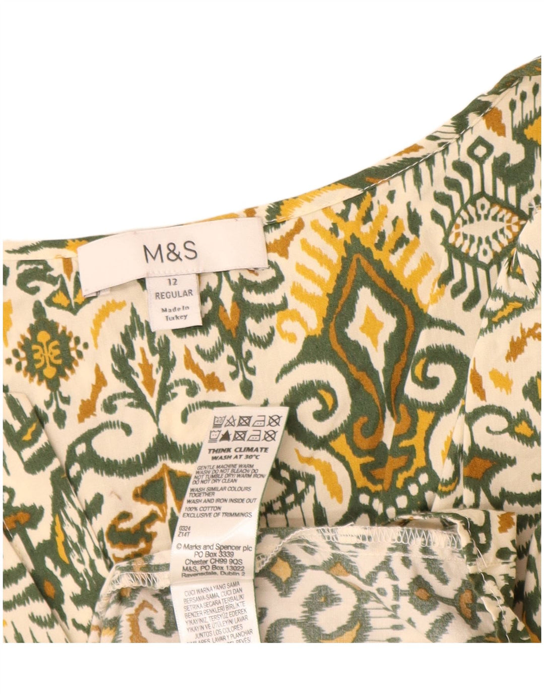 Marks & Spencer Womens Regular A-Line Dress UK 12 Medium Green Ikat Cotton