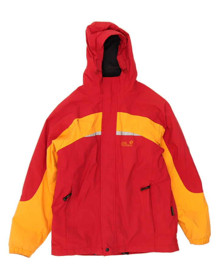 JACK WOLFSKIN Boys Hooded Windbreaker Jacket 13-14 Years Red Colourblock Vintage Jack Wolfskin and Second-Hand Jack Wolfskin from Messina Hembry 