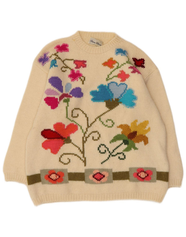 Vintage Womens Crew Neck Jumper Sweater UK 16 Large Off White Floral Wool