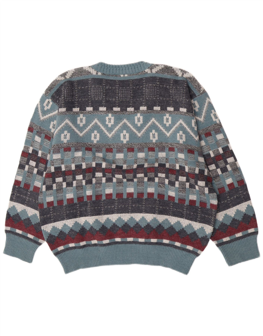 Vintage Mens V-Neck Jumper Sweater Large Blue Geometric Wool