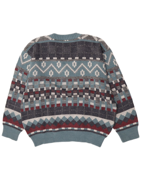 Vintage Mens V-Neck Jumper Sweater Large Blue Geometric Wool