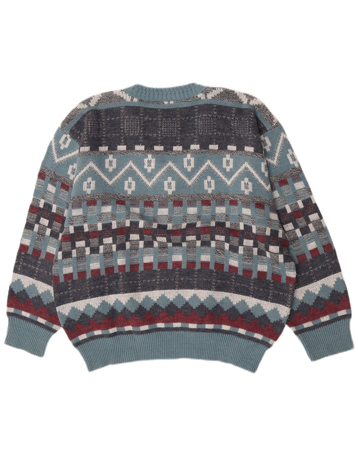 Vintage Mens V-Neck Jumper Sweater Large Blue Geometric Wool
