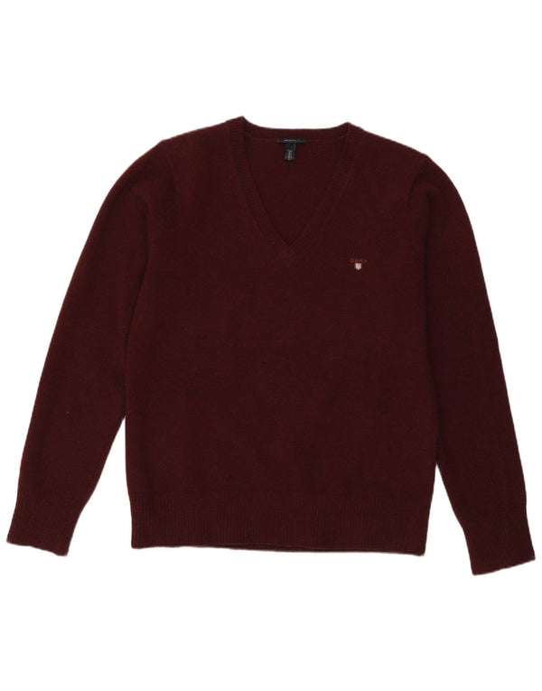 Gant Womens V-Neck Jumper Sweater UK 14 Large Burgundy Lambswool