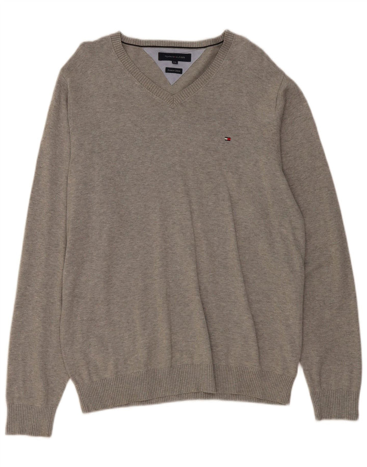 TOMMY HILFIGER Mens V-Neck Jumper Sweater 2XL Grey Cotton