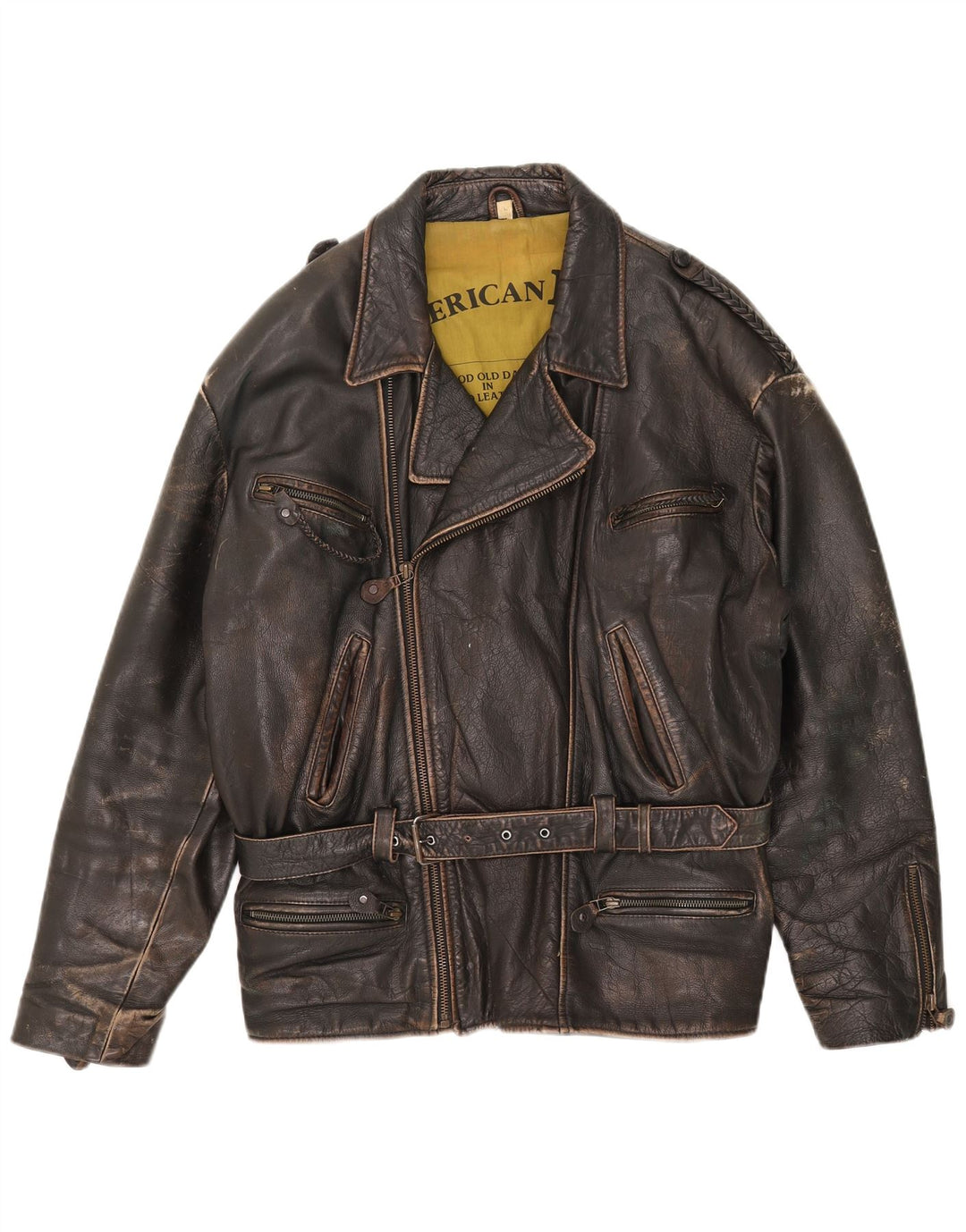 American Basics Mens Leather Biker Jacket UK 40 Large Brown