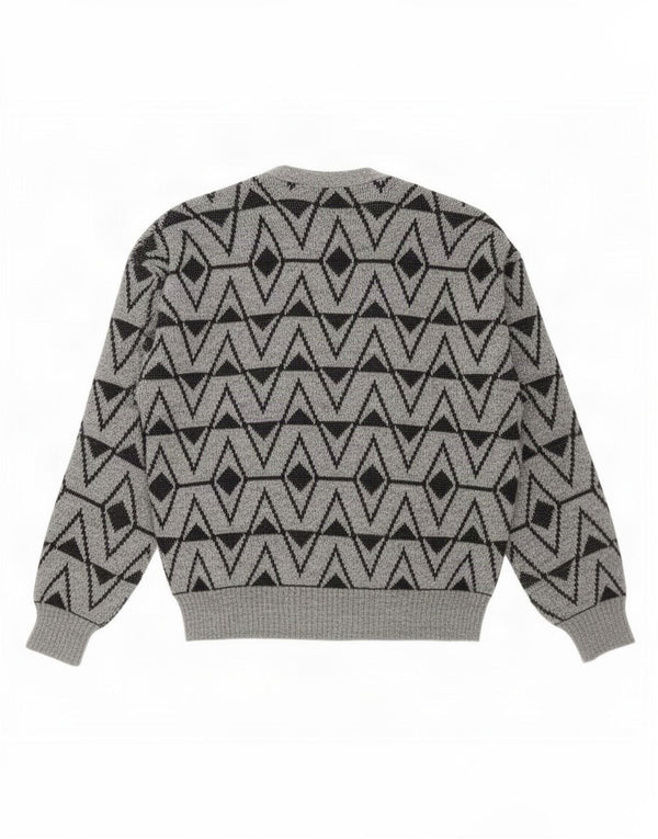 Vintage Mens Crew Neck Jumper Sweater Large Grey Geometric Acrylic