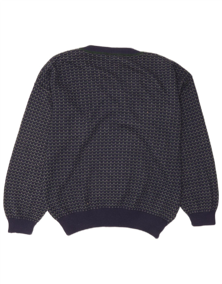Vintage Mens V-Neck Jumper Sweater Large Navy Blue Geometric Wool