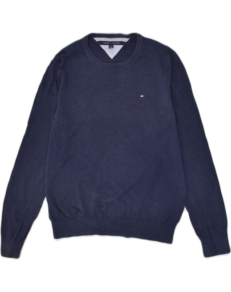 TOMMY HILFIGER Mens Boat Neck Jumper Sweater Medium Navy Blue Cotton | Vintage Tommy Hilfiger | Thrift | Second-Hand Tommy Hilfiger | Used Clothing | Messina Hembry 