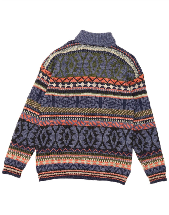 S. Moritz Mens Roll Neck Jumper Sweater Large Blue Fair Isle Wool