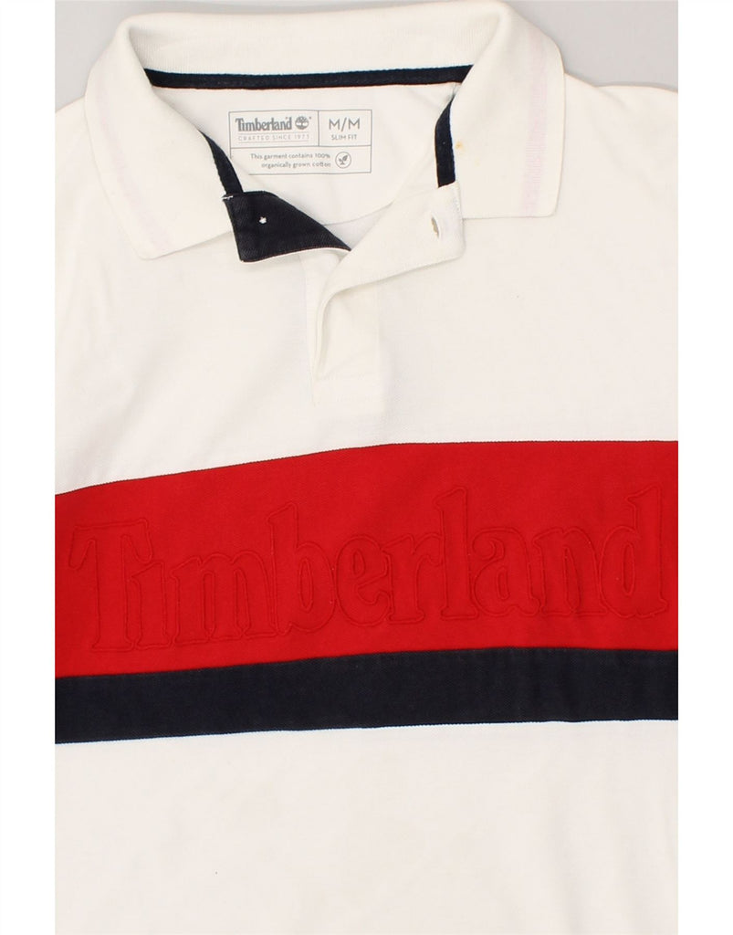 TIMBERLAND Mens Graphic Slim Fit Polo Shirt Medium White Colourblock | Vintage Timberland | Thrift | Second-Hand Timberland | Used Clothing | Messina Hembry 