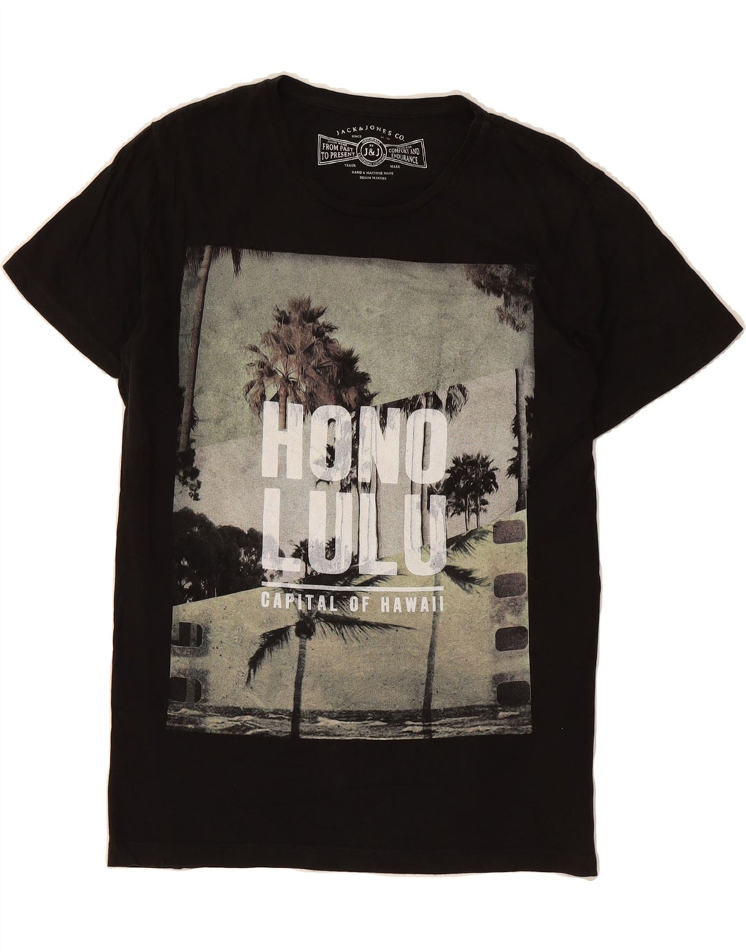 JACK & JONES Mens Honolulu Graphic T-Shirt Top Small Black Cotton Vintage Jack & Jones and Second-Hand Jack & Jones from Messina Hembry 
