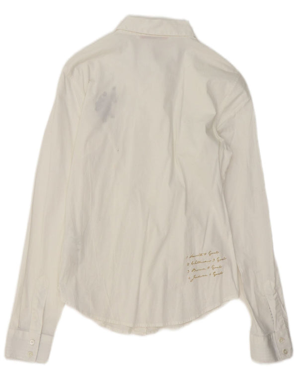U.S. Polo Assn. Womens Graphic Ruffle Front Shirt UK 10 Small White Cotton