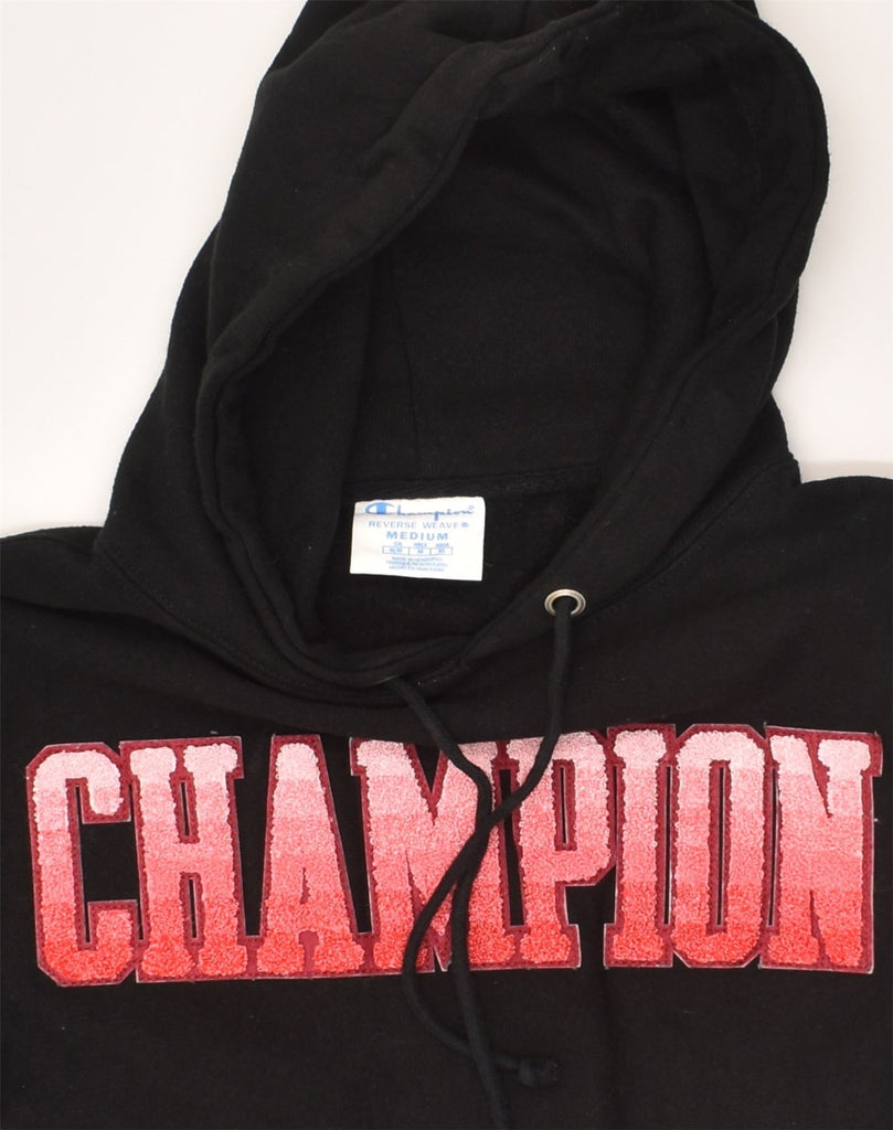 CHAMPION Womens Reverse Weave Graphic Hoodie Jumper UK 14 Medium Black | Vintage Champion | Thrift | Second-Hand Champion | Used Clothing | Messina Hembry 