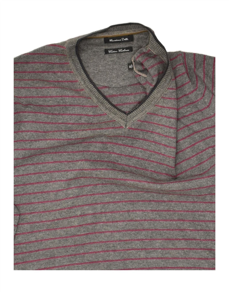 MASSIMO DUTTI Mens V-Neck Jumper Sweater Medium Grey Striped Cotton | Vintage Massimo Dutti | Thrift | Second-Hand Massimo Dutti | Used Clothing | Messina Hembry 