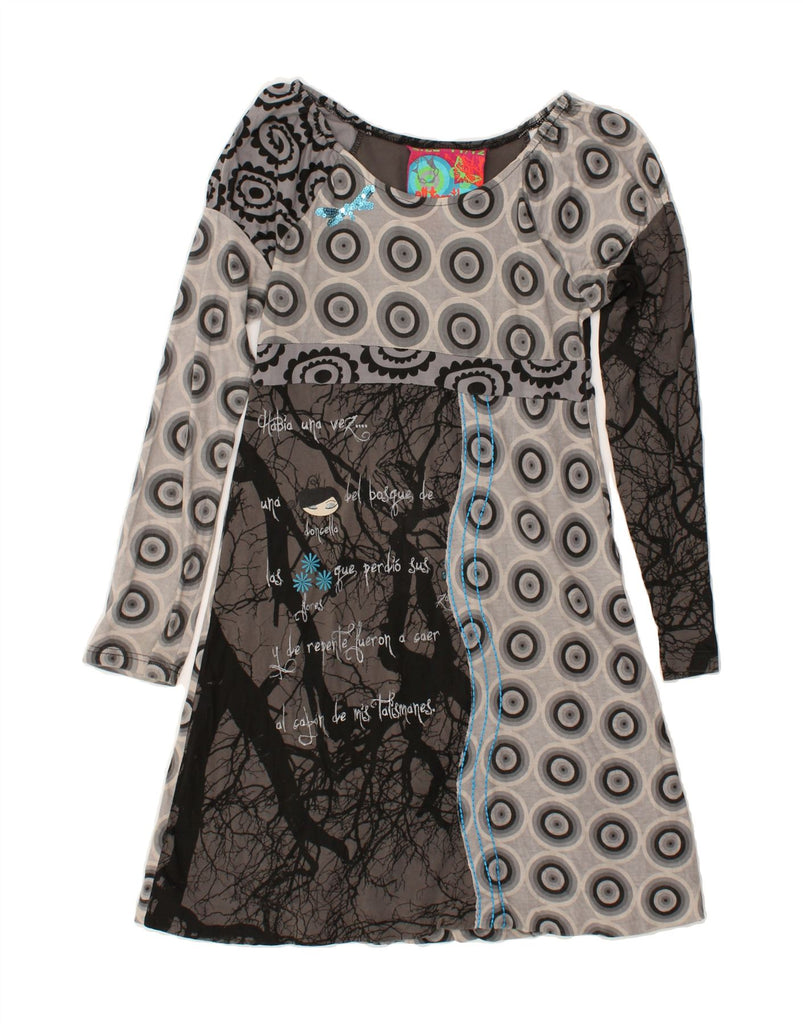 DESIGUAL Girls Graphic Long Sleeve Basic Dress 11-12 Years Grey Spotted | Vintage Desigual | Thrift | Second-Hand Desigual | Used Clothing | Messina Hembry 