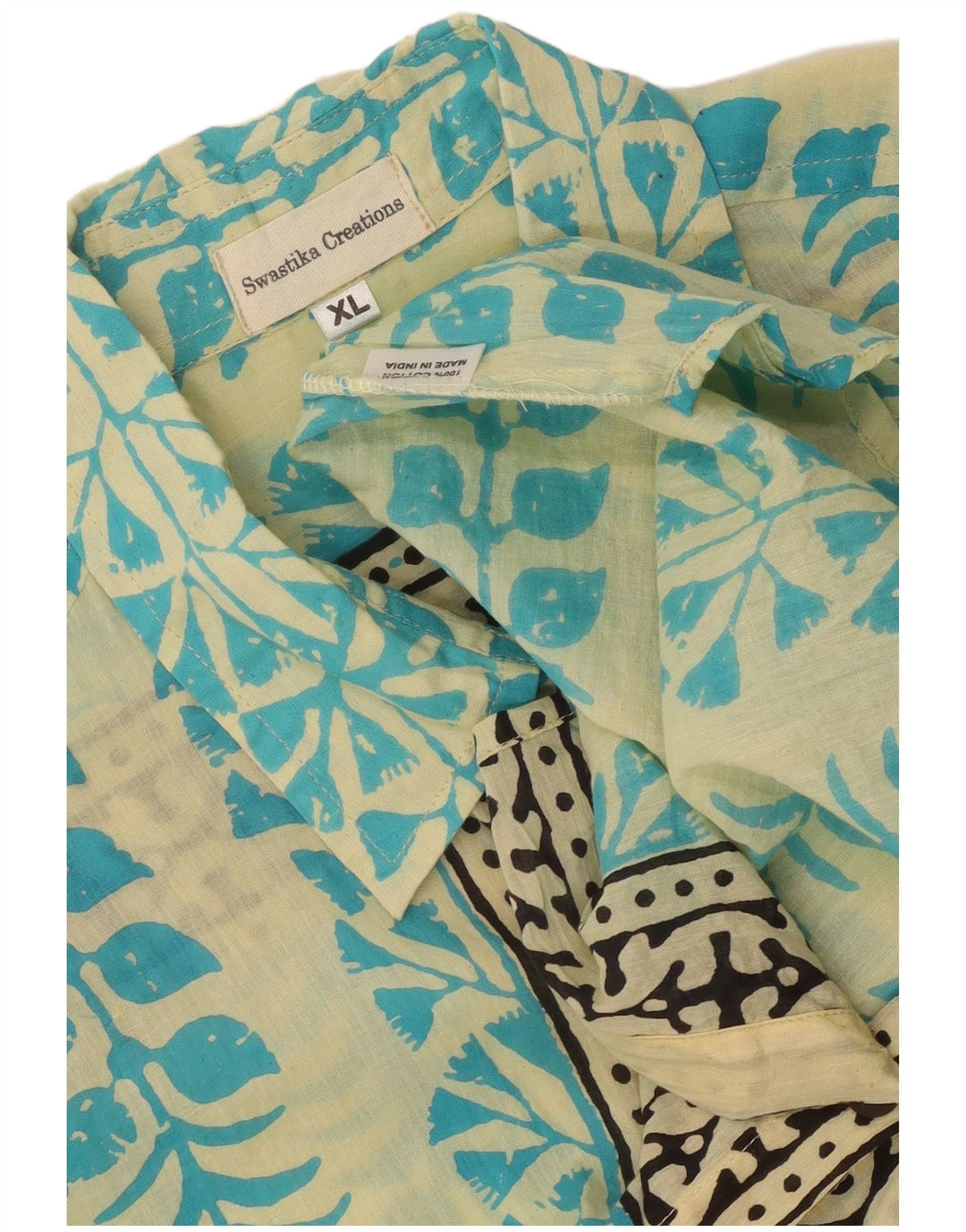 Vintage Mens Abstract Pattern Short Sleeve Shirt XL Blue Cotton Ethnic