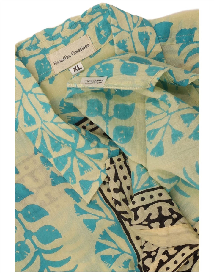 Vintage Mens Abstract Pattern Short Sleeve Shirt XL Blue Cotton Ethnic