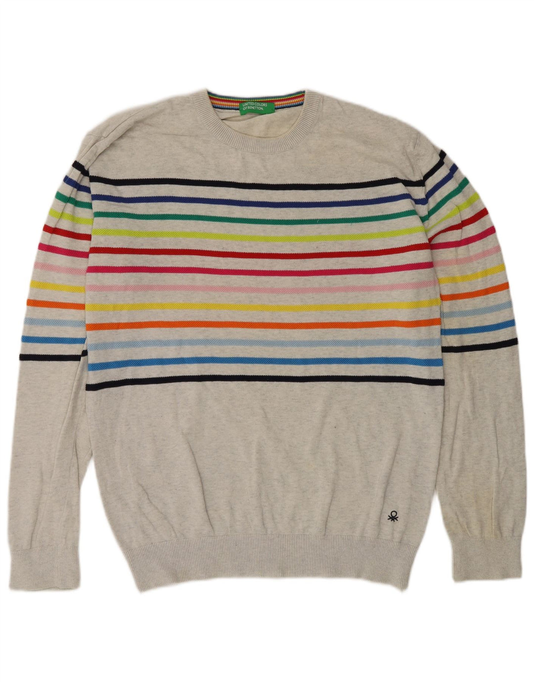 Benetton Mens Crew Neck Jumper Sweater Medium Grey Striped