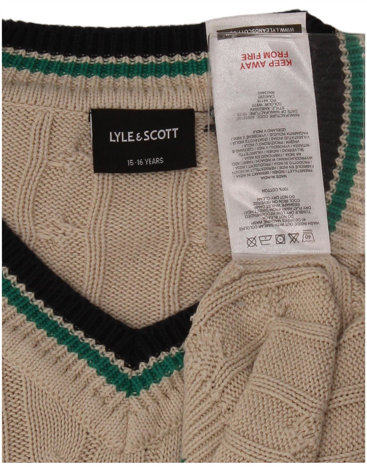 LYLE & SCOTT Boys V-Neck Jumper Sweater 15-16 Years Beige Cotton