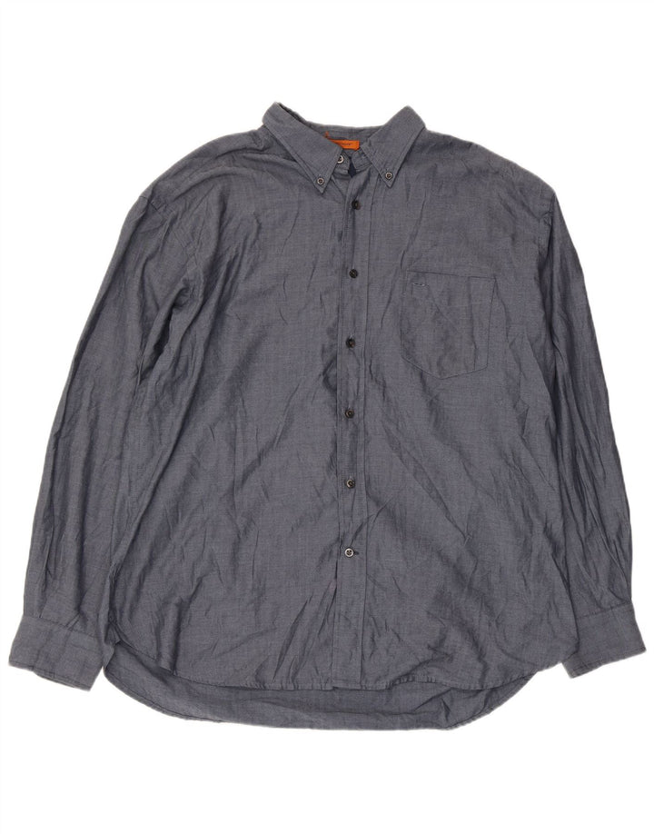 Dockers Mens Stain Defender Shirt XL Blue Herringbone Cotton