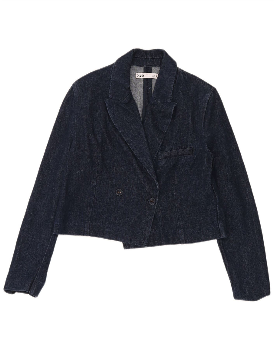 Zara Womens Crop Double Breasted Denim Blazer Jacket UK 10 Small Navy Blue