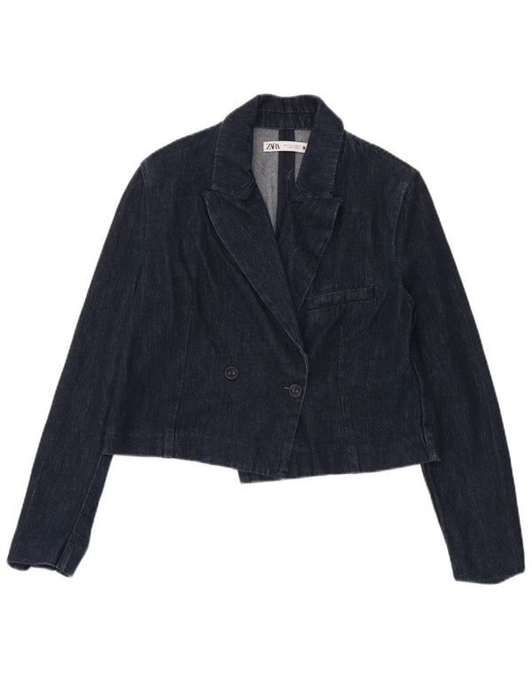 Zara Womens Crop Double Breasted Denim Blazer Jacket UK 10 Small Navy Blue