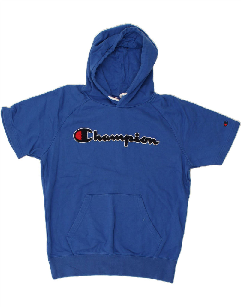 CHAMPION Mens Graphic Short Sleeve Hoodie Jumper Medium Blue Cotton | Vintage Champion | Thrift | Second-Hand Champion | Used Clothing | Messina Hembry 