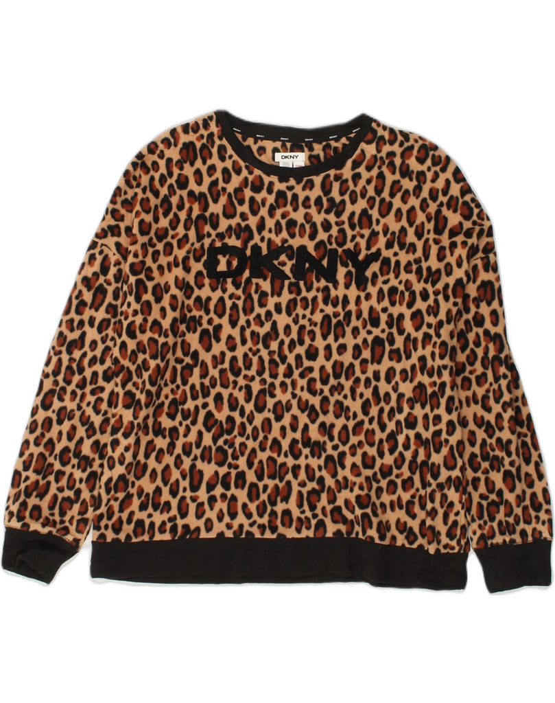 DKNY Womens Graphic Fleece Jumper UK 16 Large Brown Animal Print Polyester | Vintage Dkny | Thrift | Second-Hand Dkny | Used Clothing | Messina Hembry 