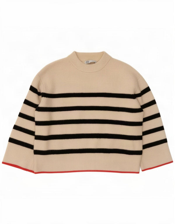 Zara Womens Oversized Crew Neck Jumper Sweater UK 14 Medium Beige Striped