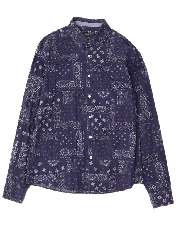 TOMMY HILFIGER Mens Stretch Shirt Size 16 16 1/2 Large Navy Blue Paisley