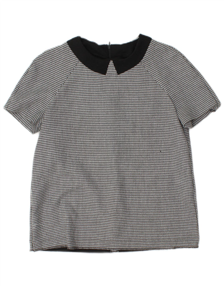 Zara Womens Short Sleeve Shirt Blouse UK 12 Medium Grey Houndstooth