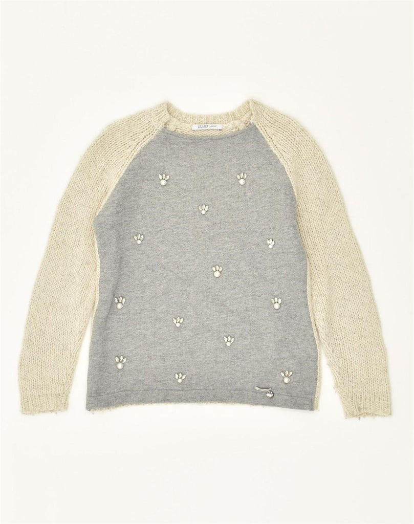 LIU JO Girls Crew Neck Jumper Sweater 9-10 Years Grey Colourblock Wool | Vintage Liu Jo | Thrift | Second-Hand Liu Jo | Used Clothing | Messina Hembry 