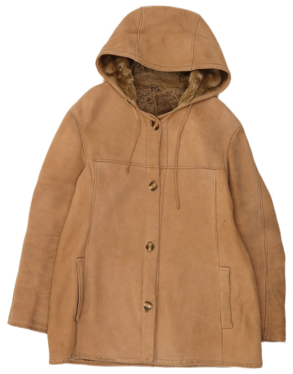 Vintage Womens Hooded Shearling Jacket UK 12 Medium Beige