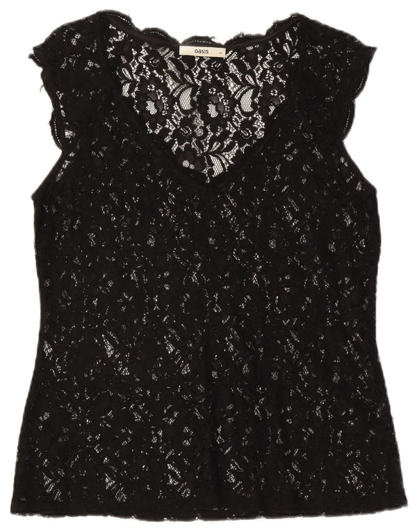 Oasis Womens See Through Lace Blouse Top UK 12 Medium Black Floral