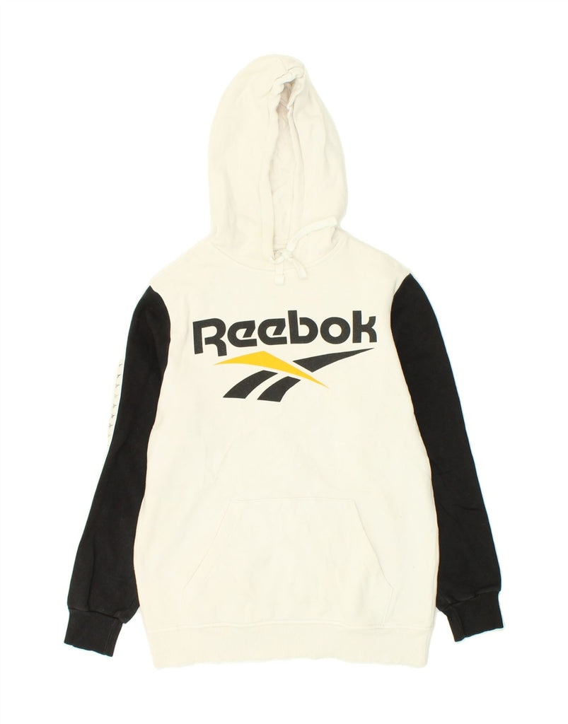 REEBOK Mens Graphic Hoodie Jumper Medium White Colourblock Cotton | Vintage Reebok | Thrift | Second-Hand Reebok | Used Clothing | Messina Hembry 