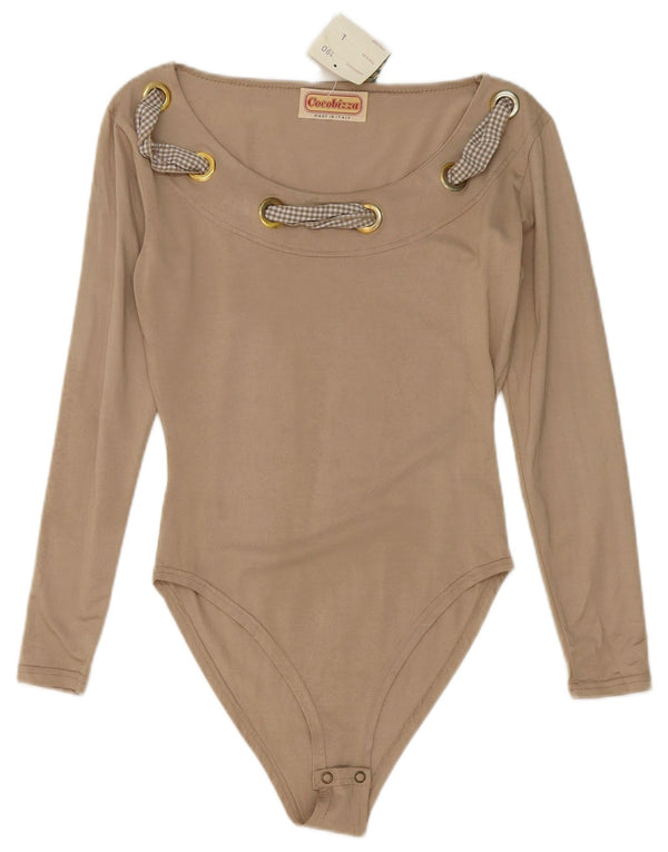 Vintage Womens Long Sleeve Bodysuit UK 14 Large Beige Viscose