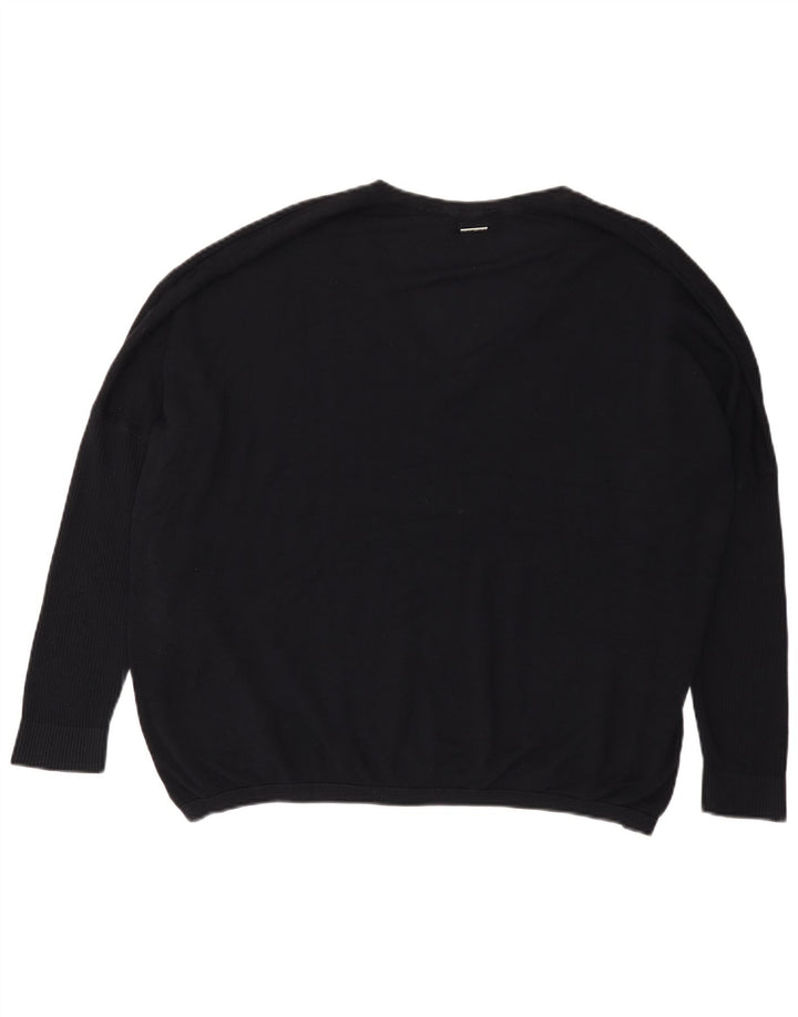 Dkny Womens Graphic Oversized V-Neck Jumper Sweater UK 14 Large Black