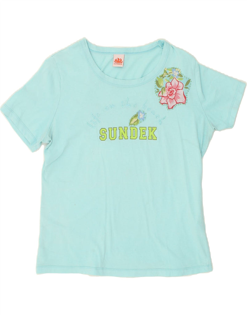 SUNDEK Womens Graphic T-Shirt Top UK 14 Large Turquoise Floral Cotton | Vintage Sundek | Thrift | Second-Hand Sundek | Used Clothing | Messina Hembry 