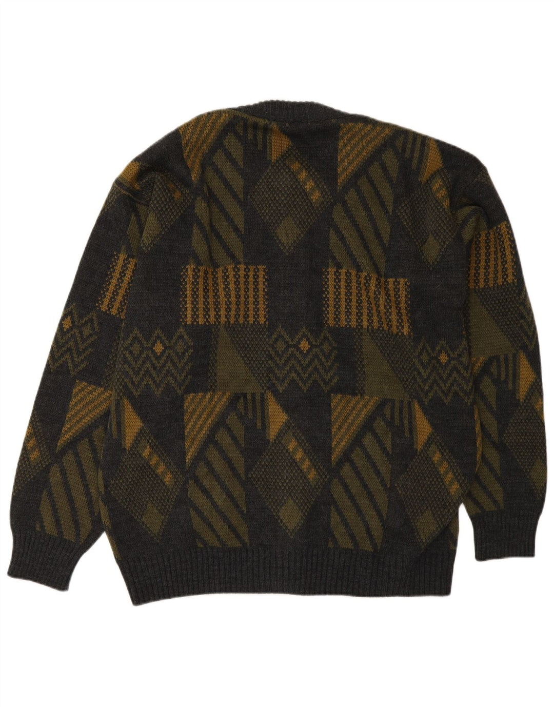 Vintage Mens Cardigan Sweater Large Grey Geometric Polyacrylic