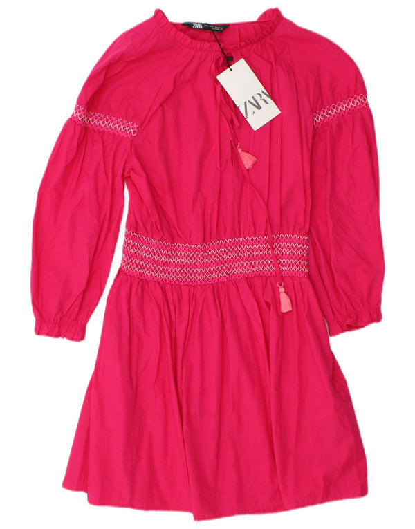 Zara Womens Long Sleeve Empire Dress UK 14 Large Pink Cotton
