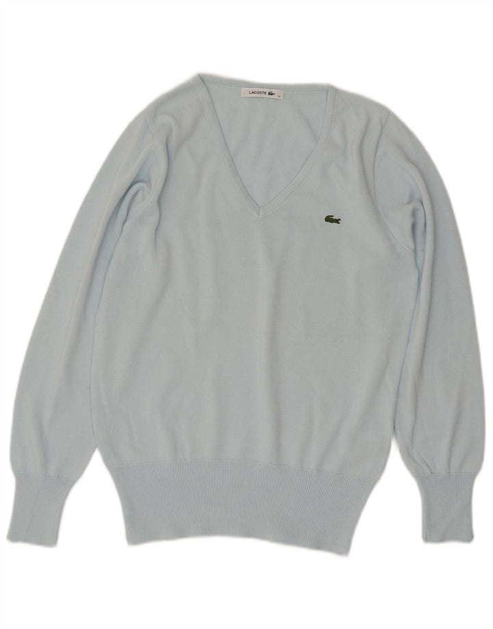 Lacoste Womens V-Neck Jumper Sweater Size 42 Large Blue Cotton
